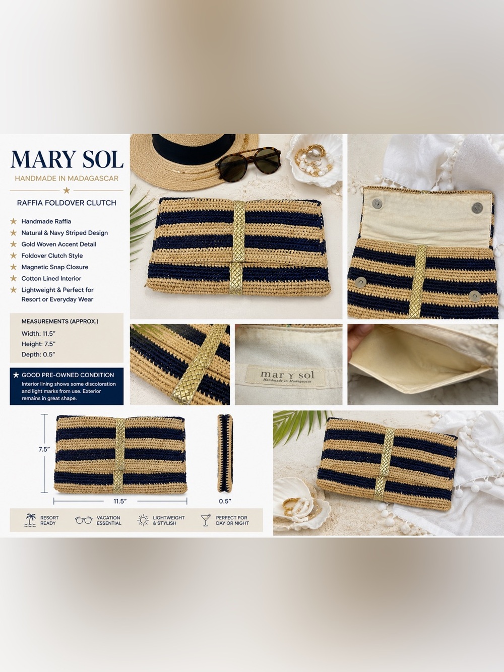 Mar Y Sol Handmade Madagascar Raffia Clutch Navy Natural Striped Foldover Bag